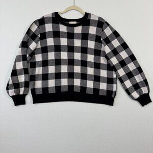Marled Reunited Buffalo Check Crew Neck Sweater Sz XL Black White Plaid Stretch